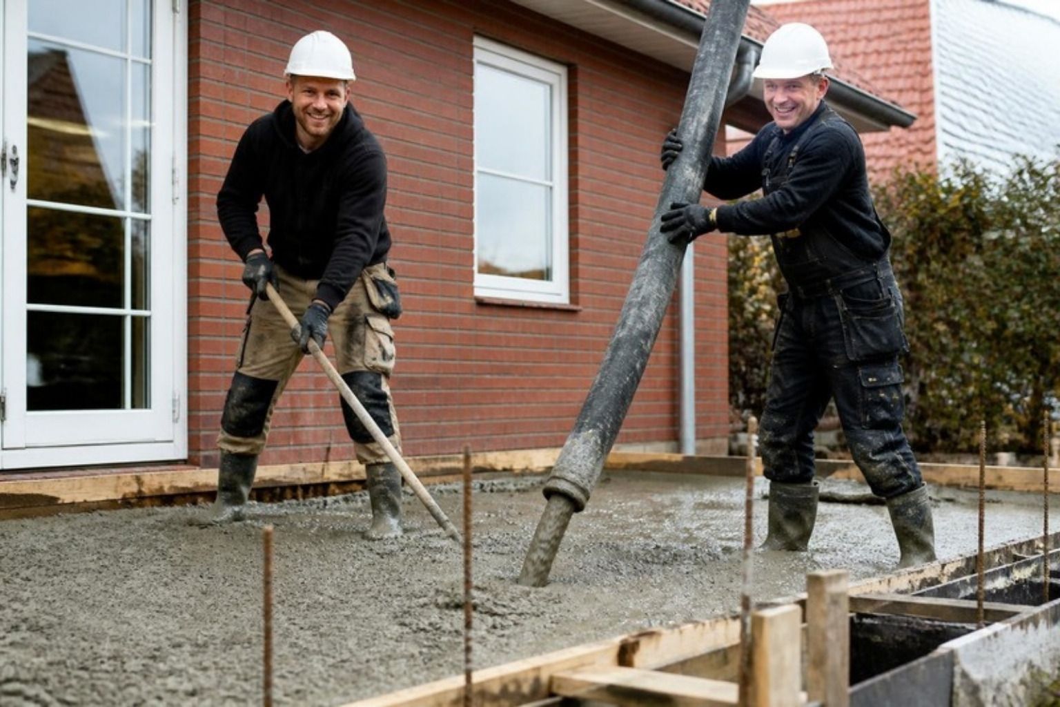 Håndværkere støber fundament ved et murstenshus