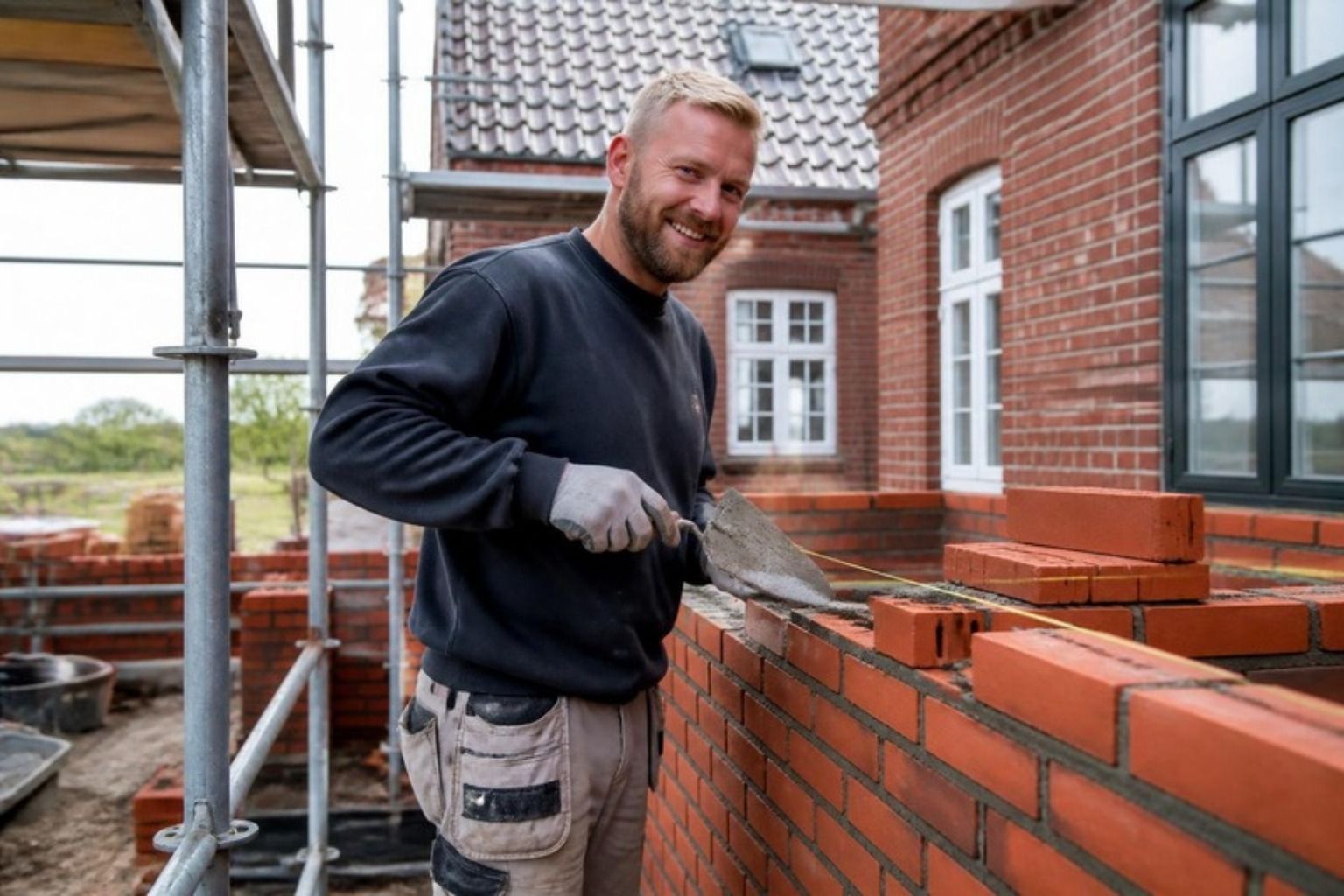 Murer lægger røde mursten på en tilbygning ved et murstenshus
