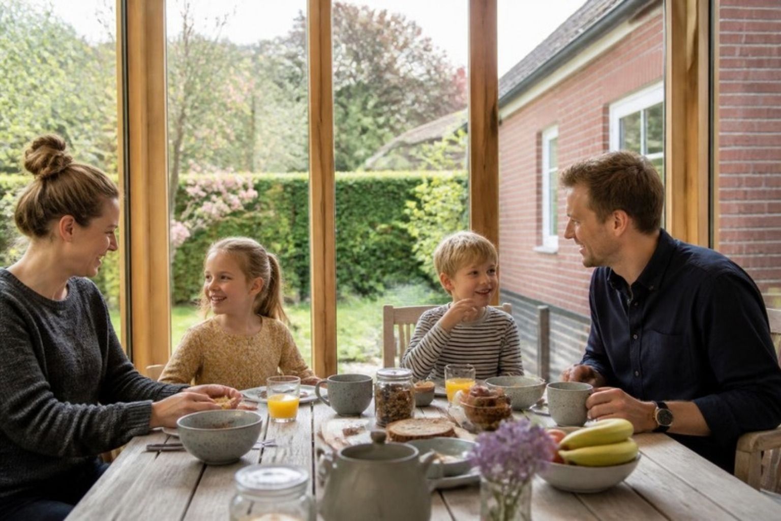 Familie spiser morgenmad ved et bord i en uopvarmet udestue